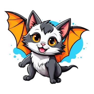 Kanatlı şirin beyaz yarasa Chibi ve büyük gözlü sevimli çizgi film çizimi. Mavi Kanatlı Beyaz Yarasa Kedi Melezi Beyaz Arkaplanda Şirin Çizgi Film Çizimi