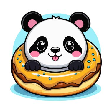 Tatlı Panda ve Donut Vektörü İllüstrasyon çizgi filmi şirin panda taşıyıcı tasarımı tırmanıyor ve kocaman bir çöreğe sarılıyor. Kawaii Panda in Donut Vektör İllüstrasyonu, Beyaz arka planda Şirin Hayvan Tasarımı
