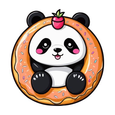 Tatlı Panda ve Donut Vektörü İllüstrasyon çizgi filmi şirin panda taşıyıcı tasarımı tırmanıyor ve kocaman bir çöreğe sarılıyor. Kawaii Panda in Donut Vektör İllüstrasyonu, Beyaz arka planda Şirin Hayvan Tasarımı