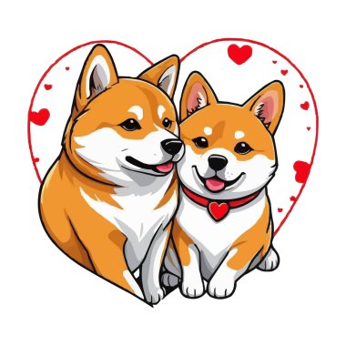 Kırmızı Kalpli Çizgi Köpekler Dostluk ve Aşkı Sembolize Ediyor. Şirin Köpekler ve Kızıl Kalbin İçinde. Pet Love Concept Pet Love Illustration on white background