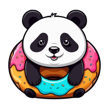 Tatlı Panda ve Donut Vektörü İllüstrasyon çizgi filmi şirin panda taşıyıcı tasarımı tırmanıyor ve kocaman bir çöreğe sarılıyor. Kawaii Panda in Donut Vektör İllüstrasyonu, Beyaz arka planda Şirin Hayvan Tasarımı