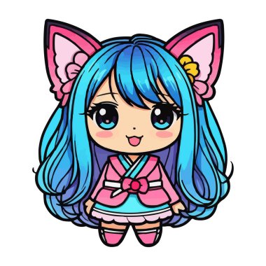 Kawaii Chibi Kız Okul Üniformalı Vektör İllüzyonu, Şirin Anime Karakteri. Kawaii Chibi Kız Karakteri Örgülü ve Üniformalı, Beyaz arka planda Sevimli Çizgi Film Çizimi