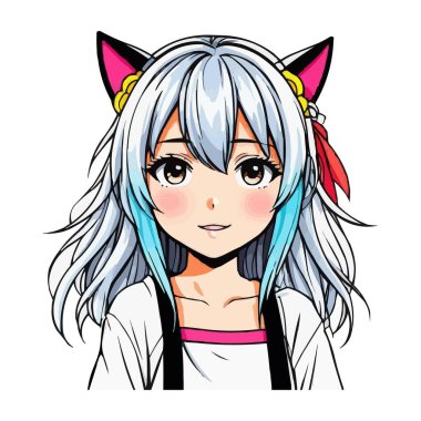 Kawaii Chibi Kız Okul Üniformalı Vektör İllüzyonu, Şirin Anime Karakteri. Kawaii Chibi Kız Karakteri Örgülü ve Üniformalı, Beyaz arka planda Sevimli Çizgi Film Çizimi