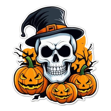 Pumpkins ve Pumpkins 'in hayaletli cadılar bayramı eserleri. Lanetli İskelet ve Balkabağı ve Karanlık Konak Korkunç Korku Çizimi Beyaz arka planda kafatası ile Cadılar Bayramı Cadılar Bayramı Balkabağı