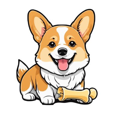 Kemikli sevimli çizgi film köpeği. Beyaz arka planda şirin köpek illüstrasyonu. Çizgi Film Köpeği ve Şirin Yavru Köpek Karakteri Tasarım Vektörü Çizimi