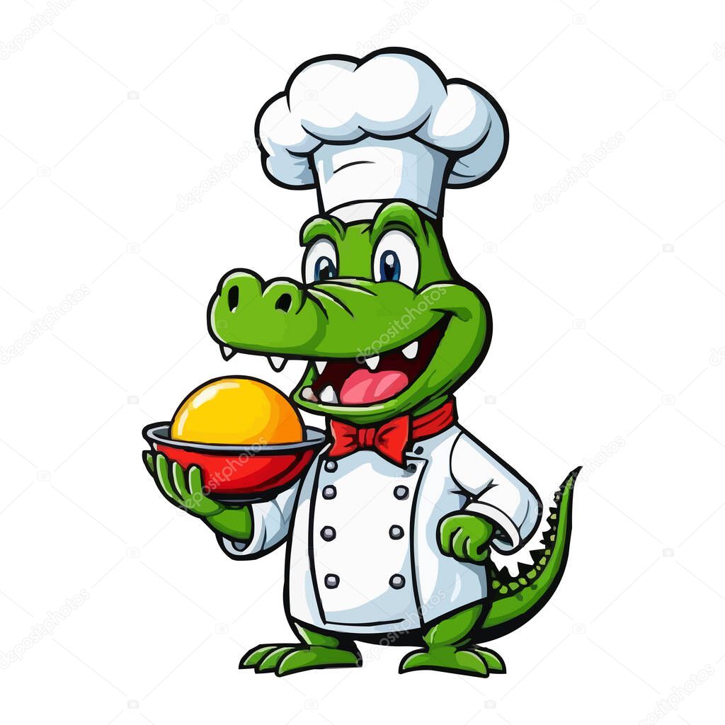 Cute Cartoon Chef Crocodile Holding Cupcake, Animal Chef Vector Illustration. A cartoon chef wearing a white apron and a green hat holding a spoon. Cute Chef Alligator, Cartoon Animal Chef on white background