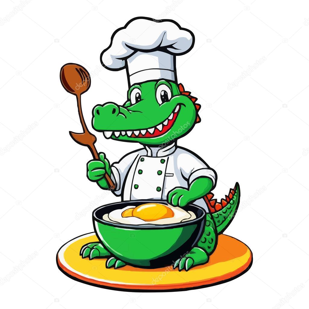 Cute Cartoon Chef Crocodile Holding Cupcake, Animal Chef Vector Illustration. A cartoon chef wearing a white apron and a green hat holding a spoon. Cute Chef Alligator, Cartoon Animal Chef on white background