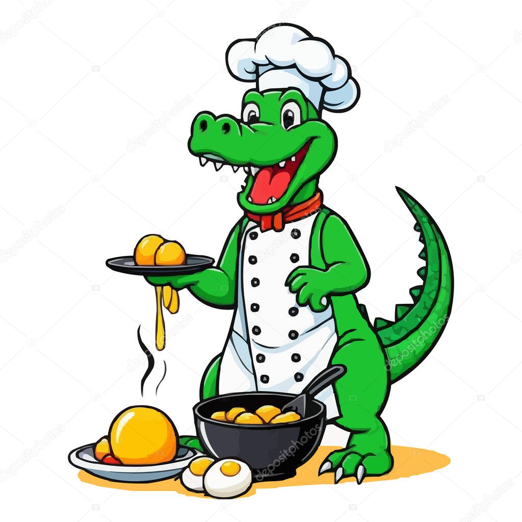 Cute Cartoon Chef Crocodile Holding Cupcake, Animal Chef Vector Illustration. A cartoon chef wearing a white apron and a green hat holding a spoon. Cute Chef Alligator, Cartoon Animal Chef on white background