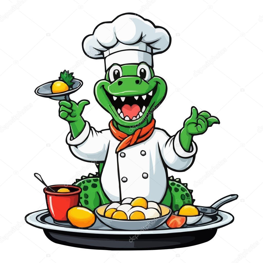 Cute Cartoon Chef Crocodile Holding Cupcake, Animal Chef Vector Illustration. A cartoon chef wearing a white apron and a green hat holding a spoon. Cute Chef Alligator, Cartoon Animal Chef on white background