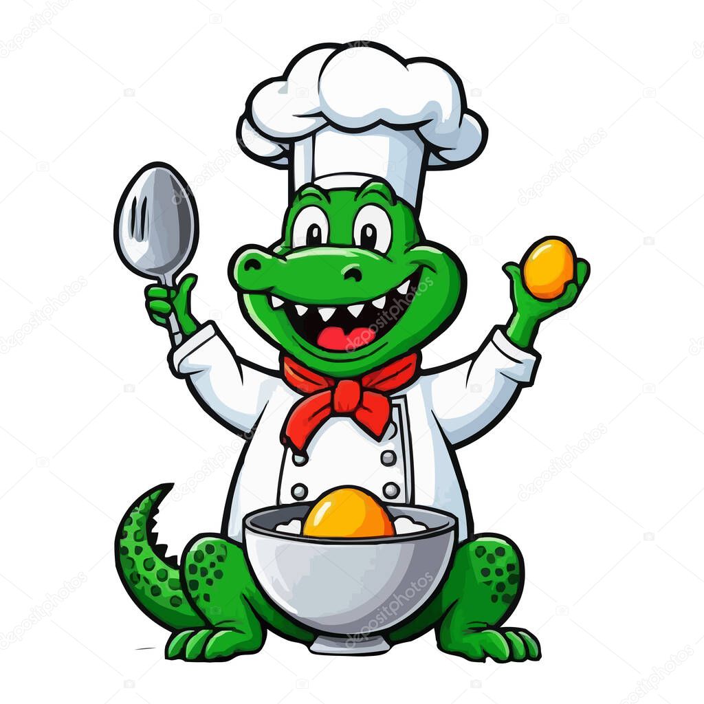 Cute Cartoon Chef Crocodile Holding Cupcake, Animal Chef Vector Illustration. A cartoon chef wearing a white apron and a green hat holding a spoon. Cute Chef Alligator, Cartoon Animal Chef on white background