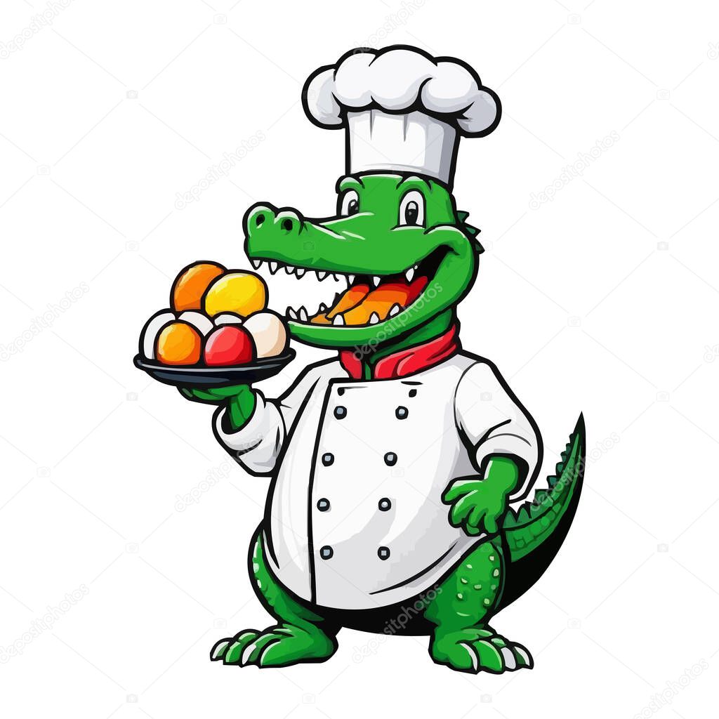 Cute Cartoon Chef Crocodile Holding Cupcake, Animal Chef Vector Illustration. A cartoon chef wearing a white apron and a green hat holding a spoon. Cute Chef Alligator, Cartoon Animal Chef on white background