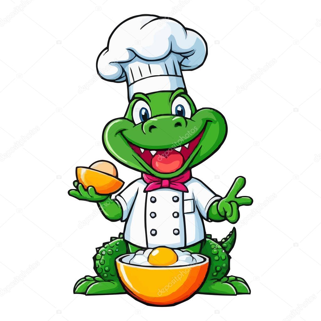 Cute Cartoon Chef Crocodile Holding Cupcake, Animal Chef Vector Illustration. A cartoon chef wearing a white apron and a green hat holding a spoon. Cute Chef Alligator, Cartoon Animal Chef on white background