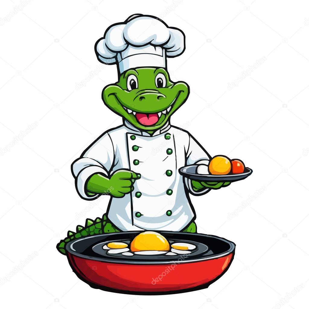 Cute Cartoon Chef Crocodile Holding Cupcake, Animal Chef Vector Illustration. A cartoon chef wearing a white apron and a green hat holding a spoon. Cute Chef Alligator, Cartoon Animal Chef on white background