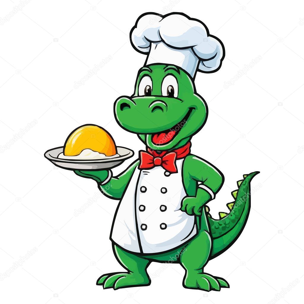Cute Cartoon Chef Crocodile Holding Cupcake, Animal Chef Vector Illustration. A cartoon chef wearing a white apron and a green hat holding a spoon. Cute Chef Alligator, Cartoon Animal Chef on white background