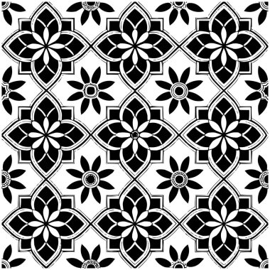 Geometrik Çiçek Şablonu. Kusursuz Siyah ve Beyaz Soyut Arkaplan, Vektör geometrik tek renkli, eğri şekilli dikişsiz desen