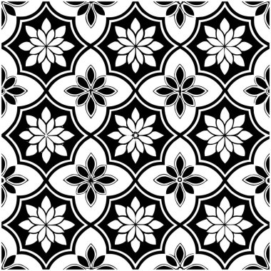 Geometrik Çiçek Şablonu. Kusursuz Siyah ve Beyaz Soyut Arkaplan, Vektör geometrik tek renkli, eğri şekilli dikişsiz desen
