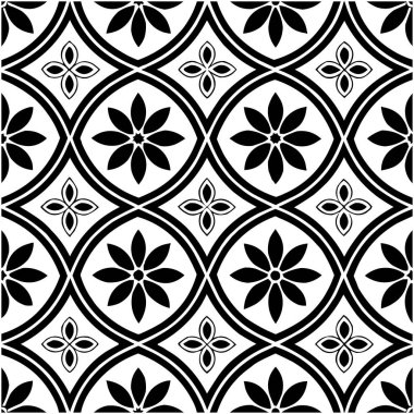 Geometrik Çiçek Şablonu. Kusursuz Siyah ve Beyaz Soyut Arkaplan, Vektör geometrik tek renkli, eğri şekilli dikişsiz desen