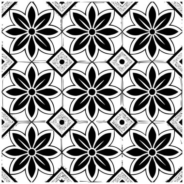 Geometrik Çiçek Şablonu. Kusursuz Siyah ve Beyaz Soyut Arkaplan, Vektör geometrik tek renkli, eğri şekilli dikişsiz desen