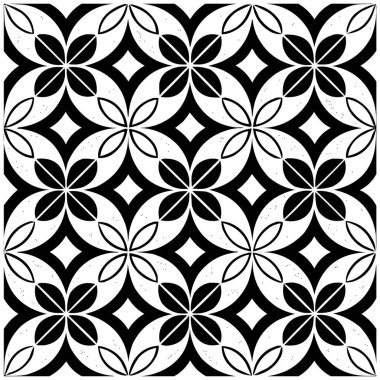 Geometrik Çiçek Şablonu. Kusursuz Siyah ve Beyaz Soyut Arkaplan, Vektör geometrik tek renkli, eğri şekilli dikişsiz desen