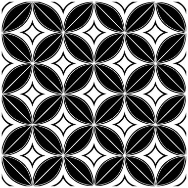 Geometrik Çiçek Şablonu. Kusursuz Siyah ve Beyaz Soyut Arkaplan, Vektör geometrik tek renkli, eğri şekilli dikişsiz desen