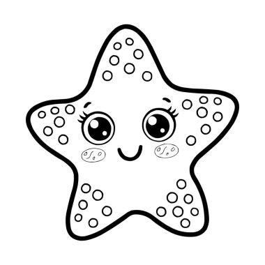Çocuklar için Şirin Kawaii Denizyıldızı Boyama Sayfası Eğlenceli Okyanus Hayvanları Çizgisi Sanat İllüstrasyonu
