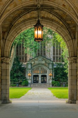 Ann Arbor 'daki Michigan Üniversitesi Hukuk Fakültesi' nin kampüsü Law Quadrangle 'da kemer yolu. Arka planda okuma odasının girişini görebilirsiniz..
