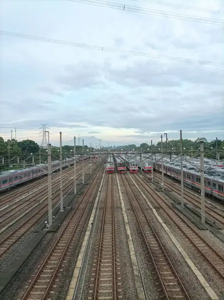 stock image Multiple train tracks with several stationary trains under a cloudy sky. The surrounding area is green with trees, and the view extends into the distance.