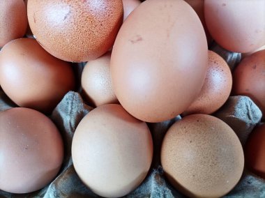 Yakın planda taze kahverengi yumurtalar, doğal dokularını sergiliyorlar ve organik cazibeleri yemek, pişirme ve sağlıklı yemekler için mükemmel..