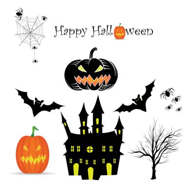 Cadılar Bayramı vektör illüstrasyonunda kabaklar ve örümcek ağı, yarasalar, örümcek ve örümcek.