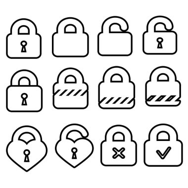 Kilit simgesi seti, ince çizgi ve özet