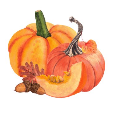 Balkabağı, balkabağı, yaprak ve meşe palamudu karışımı. Balkabağı, yapraklar, meşe palamudu, sonbahar, şükran günü, tatil. Davetiye, kartpostal, tebrik kartı ve dekor için harika bir fikir..