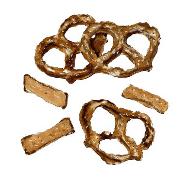 Beyaz arka planda tuz izole edilmiş lezzetli krakerlerin suluboya çizimi. Yüksek kaliteli illüstrasyon