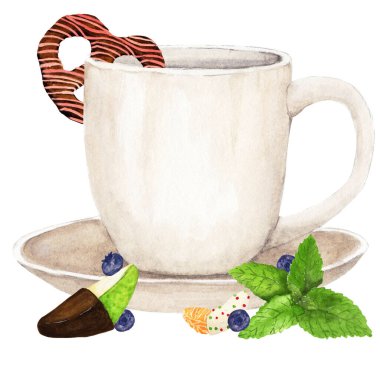 Pembe çiselemeli çay fincanının suluboya kompozisyonu. Nane yaprağı, yeşil elma dilimi, koyu çikolata, beyaz önlüklü mandalina dilimi ve yaban mersini. 