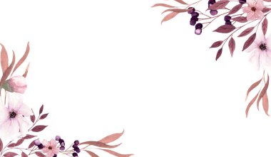 Fantezi kahverengi ve açık mor dallar, suluboya çerçeveli çiçekler ve böğürtlenler. El çizimi, davetiye, selamlama, düğün ya da doğum günü kartları, posterler, kutu için beyaz arkaplanda izole edilmiş.