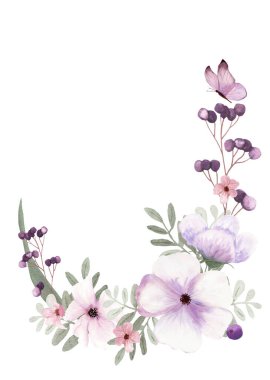 Fantezi kahverengi ve açık mor yapraklar, çiçekler, böğürtlenler ve suluboya ile kelebek çerçevesi. El çizimi resmi, davetiye, selamlama, düğün veya doğum günü kartı için beyaz arkaplanda izole edildi