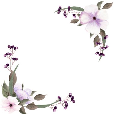 Fantezi kahverengi ve açık mor dallar, suluboya çerçeveli çiçekler ve böğürtlenler. El çizimi, davetiye, selamlama, düğün ya da doğum günü kartları, posterler, kutu için beyaz arkaplanda izole edilmiş.