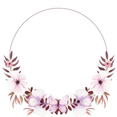 Fantezi kahverengi ve açık mor dallar, kelebek ve çiçeklerin suluboya çelenkleri. El çizimi resmi, davetiye, selamlama, düğün veya doğum günü kartları için beyaz arkaplanda izole edildi.