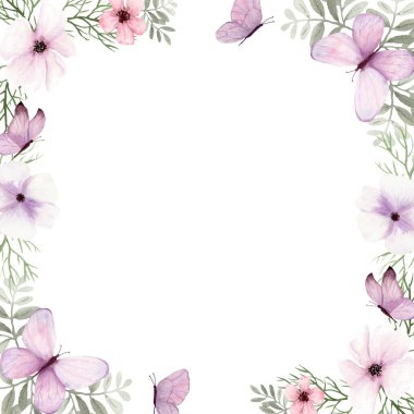 Fantezi açık yeşil ve açık mor dallar, kelebek ve çiçeğin karesi suluboya ile el çizimi davetiye, selamlama, kartlar, kapak kutusu için beyaz arka planda izole edilmiş resim.