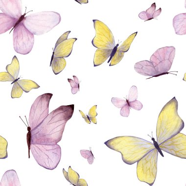 Sarı mor ve pembe fantezi kelebekli suluboya desenli kusursuz desen. El çizimi, davetiye, doğum günü, düğün, yıldönümü kartpostalları, kumaş için beyaz arkaplanda izole edilmiş.