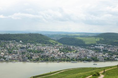 Üzüm bağları, Rudesheim Rhein ve Bingen am Rhein şehir hava panoramik Ren Vadisi, Almanya