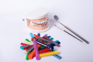 Diş muayenehanesinde dişçi işi, diş telleriyle çene gösteriyor. Ortodonti tedavisi, diş bakımı konsepti.