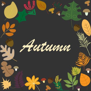 Illustration of an autumn landscape. Autumn postcardspostcard with the image of leaves, twigs, mushrooms and acorns.autumn theme.Hand drawn vector illustration