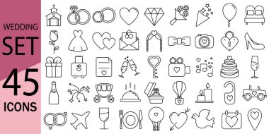 Düğün ikonları. Düğün organizasyonu, dekorasyon ve oturma yerleri, düğün törenleri, düğün kutlamaları. Balayı, ikramlar, el yapımı vektör ikonları, aşk, aşk ilanı, şenlikli akşam yemeği, kilisede seremoni.