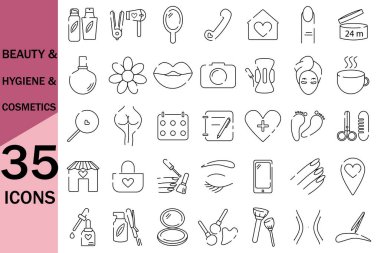 hand drawn vector icons. Hygiene, beauty, cosmetology, cosmetics, spa, weight loss, beautiful body, makeup, manicure, pedicure, stylish hairstyle