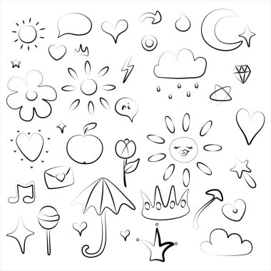 A set of emoticons, different objects for creating a good mood, positive, for decorating postcards, for writing letters.different icons about seasons, inspiration, mood  a set of smiles