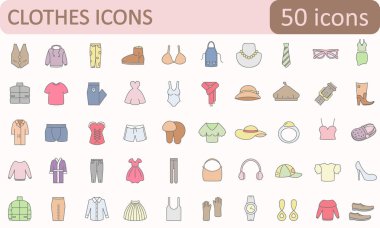 50 moda ve giysi ikonundan oluşan renkli bir vektör seti. UI / UX, mobil uygulamalar, web siteleri, baskılar ve markalaşma projeleri için ideal.