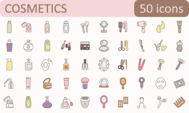 Kişisel bakım ürünleriyle ilgili 50 taslak simge seti. Doğrusal simge koleksiyonu. Düzenlenebilir felç. Vektör illüstrasyonu