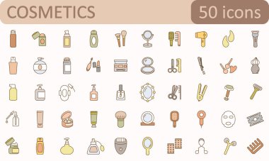 Kişisel bakım ürünleriyle ilgili 50 taslak simge seti. Doğrusal simge koleksiyonu. Düzenlenebilir felç. Vektör illüstrasyonu