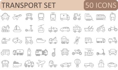 50 ulaşım ve araç çiziminden oluşan çizgi simgesi. Uygulamalar, haritalar, bilgi grafikleri, UI / UX ve hareketlilik temalı tasarım projeleri için harika.