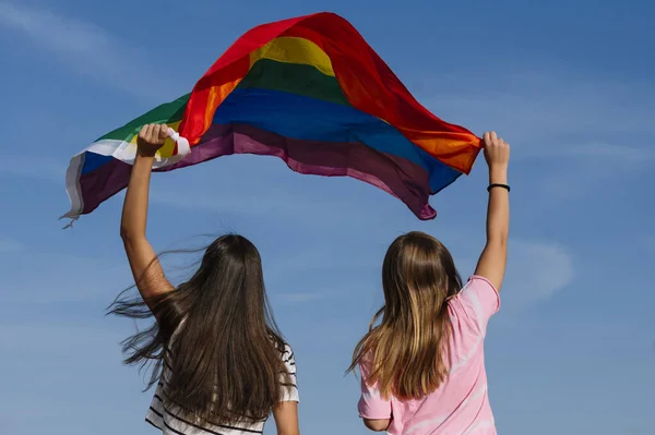 소수자 프라이드 깃발을 돌아온 레즈비언 친구들 — 스톡 사진